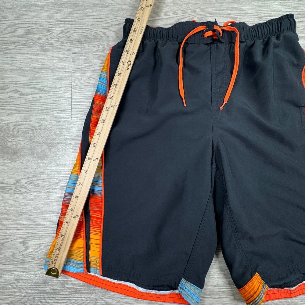 Nike‎ Mens Swim Trunks Board Shorts Black Orange Striped Medium Mesh Lined